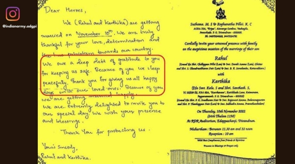 Indian Army shares wedding invite from Kerala couple, gets heartwarming response