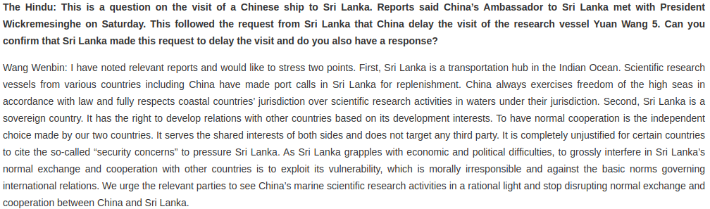 Senseless: Beijing attacks India over opposition of Chinese ship visiting Sri Lankan port